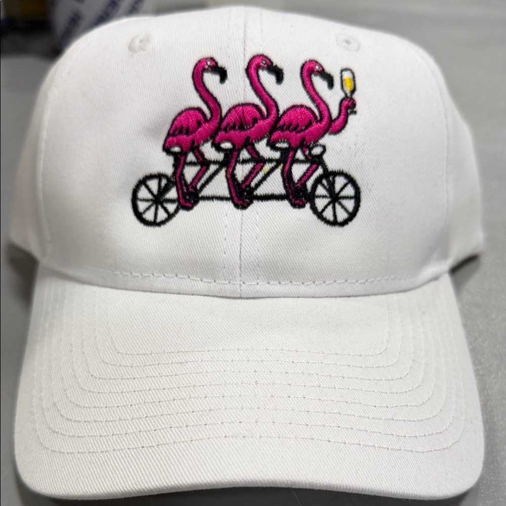 Port and Company White Hat with Pink Flamingo Trio Embroidery